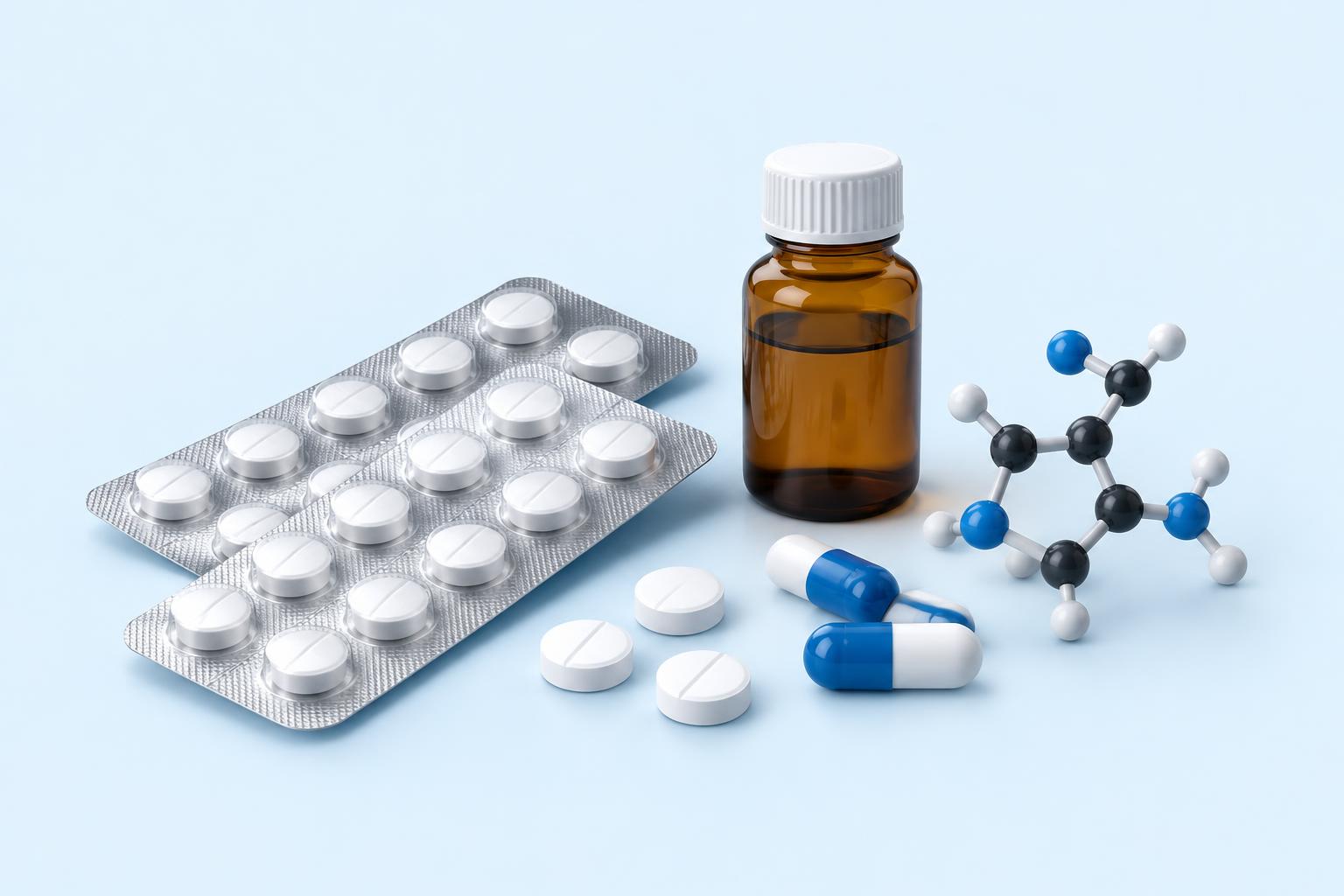 Ilustração de cartelas de comprimidos, cápsulas, frasco e modelo molecular, sem indicação de dose ou prescrição