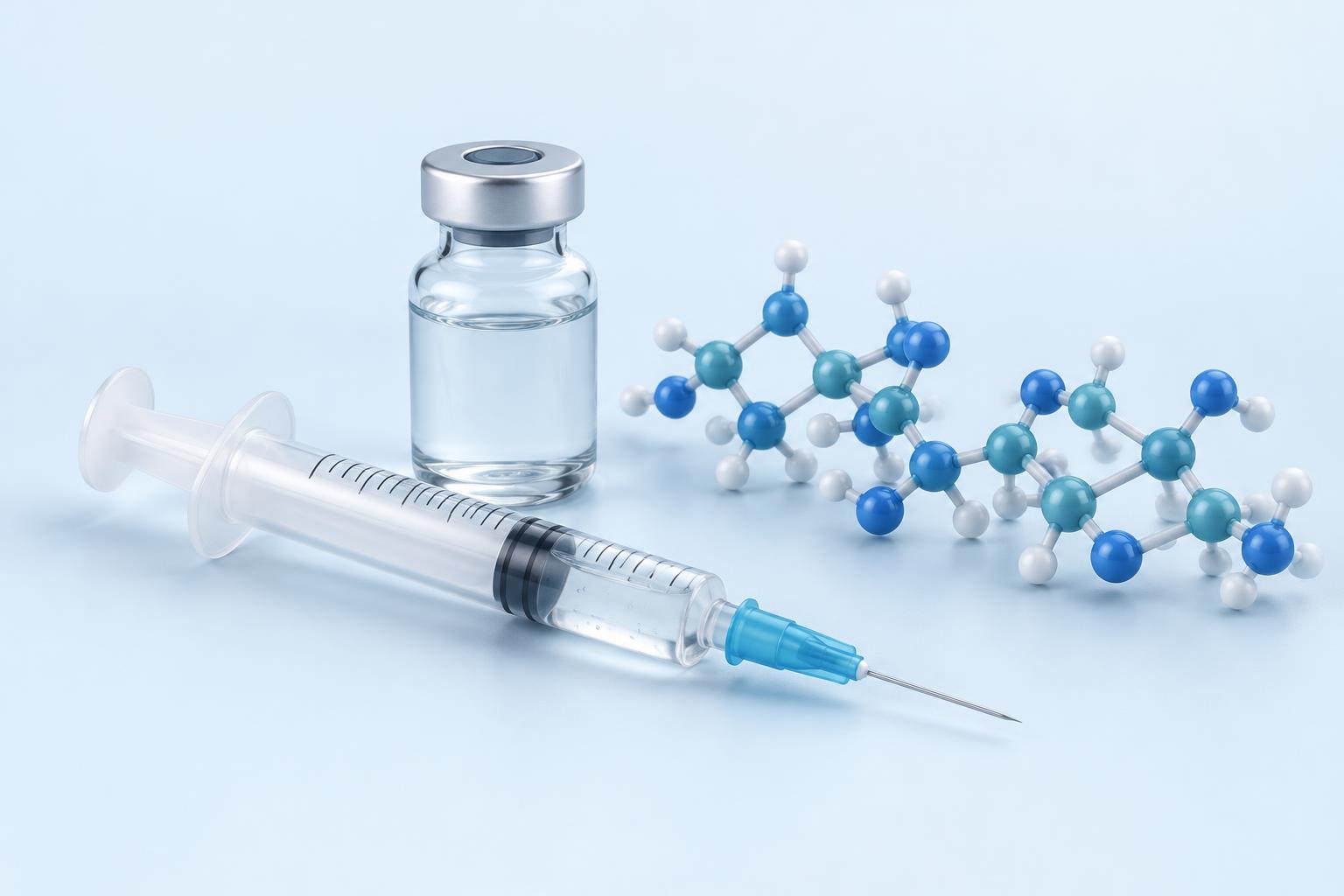 Ilustração de seringa, frasco injetável e modelo molecular inspirado no ácido hialurônico