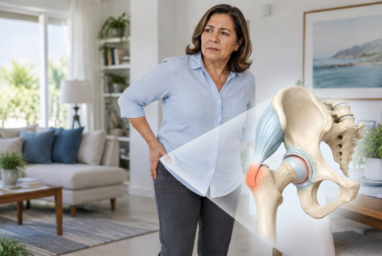 Mulher com desconforto lateral no quadril, combinada a um detalhe ampliado da inserção do tendão glúteo